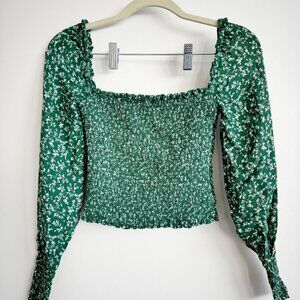 Reformation Parsley Green Floral Long Sleeve Pinto Blouse Top